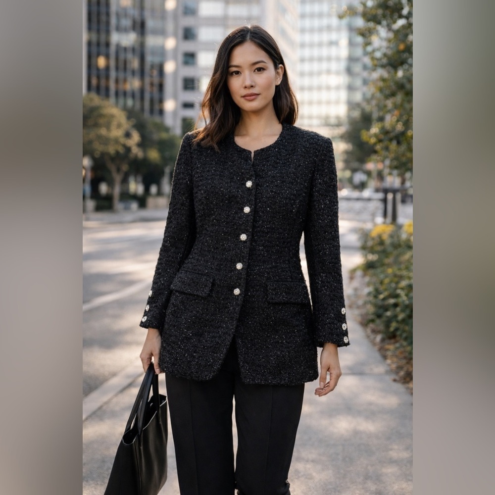 Vintage Anne Klein Black 80s 90s Metallic Embellished Wool Blend Blazer Size 10
